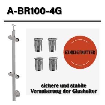 Edelstahl Geländerpfosten Mittelpfosten Ø42,4 Bauhöhe 1000mm mit 4x Glasklemmen 63x45mm vorgesetzt Geländer V2A